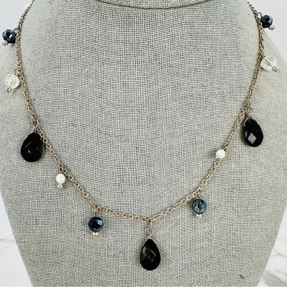 Cookie Lee Black Bead & Freshwater Pearl Necklace Dainty Dangle Black Silver - Picture 1 of 8
